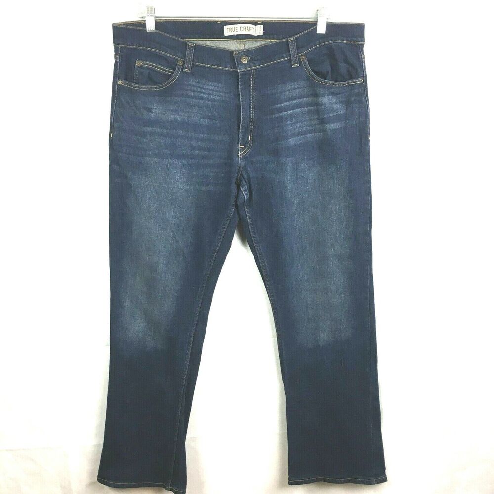 True Craft‎ Jeans Mens Sz 40x32 Dark Wash Stretch Boot Cut Pocket Whiskers